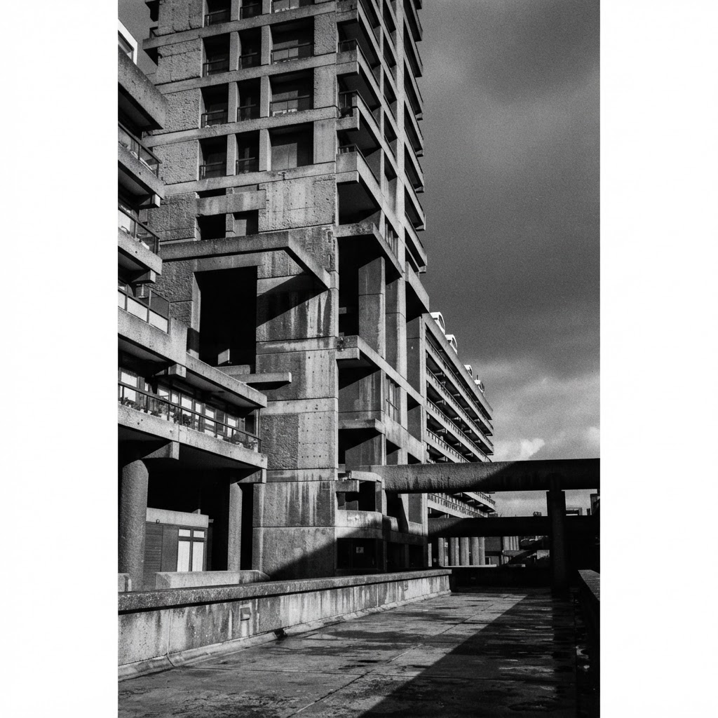 Brutalist concrete architecture in harsh shadow
