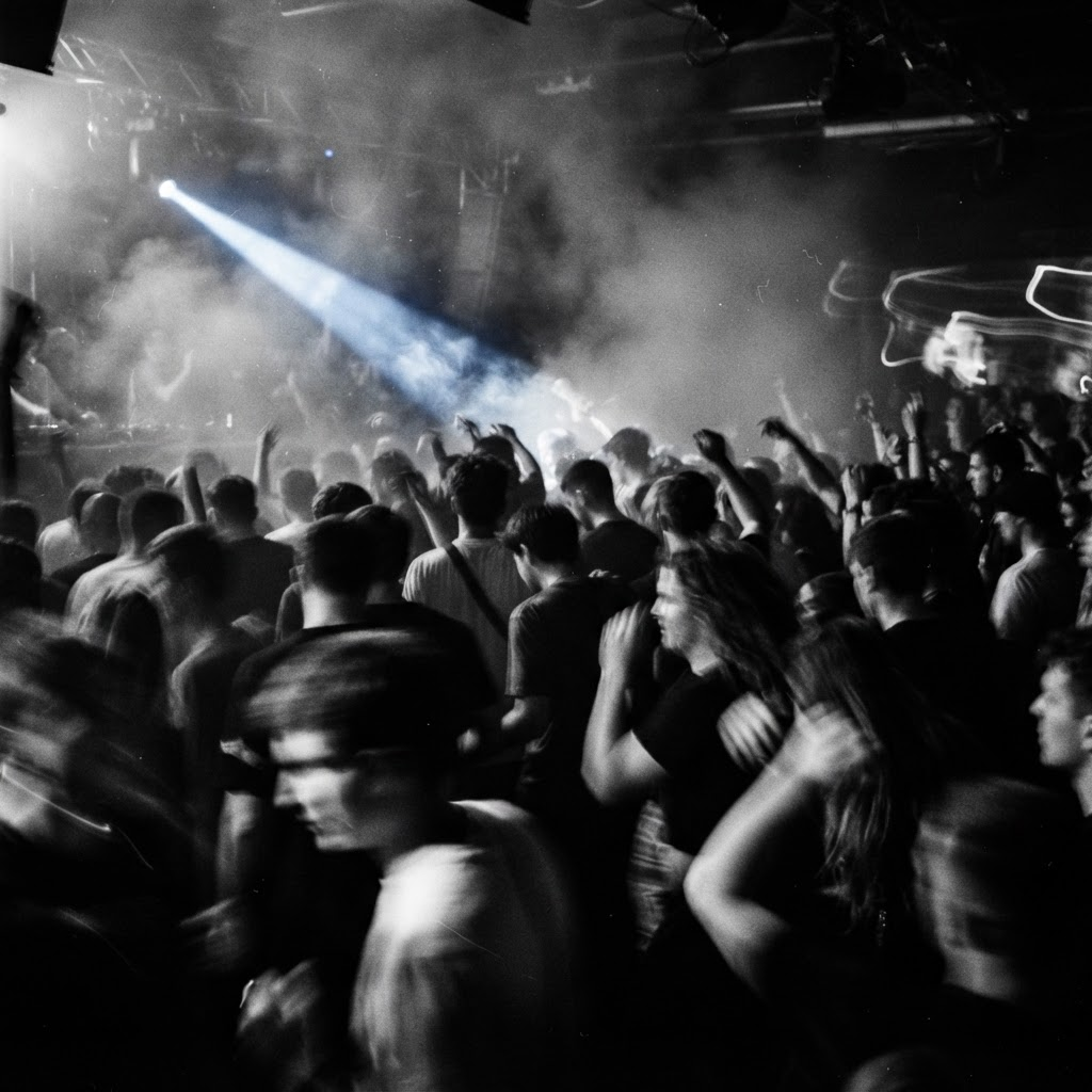 Underground club crowd in motion blur and haze